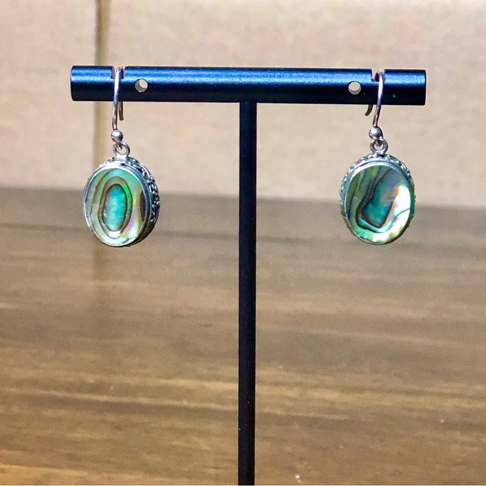 ABALONE Cabochon Sterling Silver Drop Earrings With Scrollwork Around The Bezel